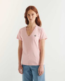 Wholesale T-Shirt Col En V Uni En Coton Biologique Cancun 2.0 Rose Peche Vetements